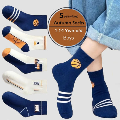 5 Pairs Children's Socks Spring Autumn Cotton Socks Kids Boys Sport Sock 1-14T Baby Cartoon Letter Pattern