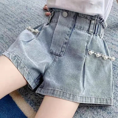 V-TREE Girls Denim Shorts Teenage Girl Summer Lace Pants Kids Bow Clothes Children Flowers Embroidery Jean Short For Teenager