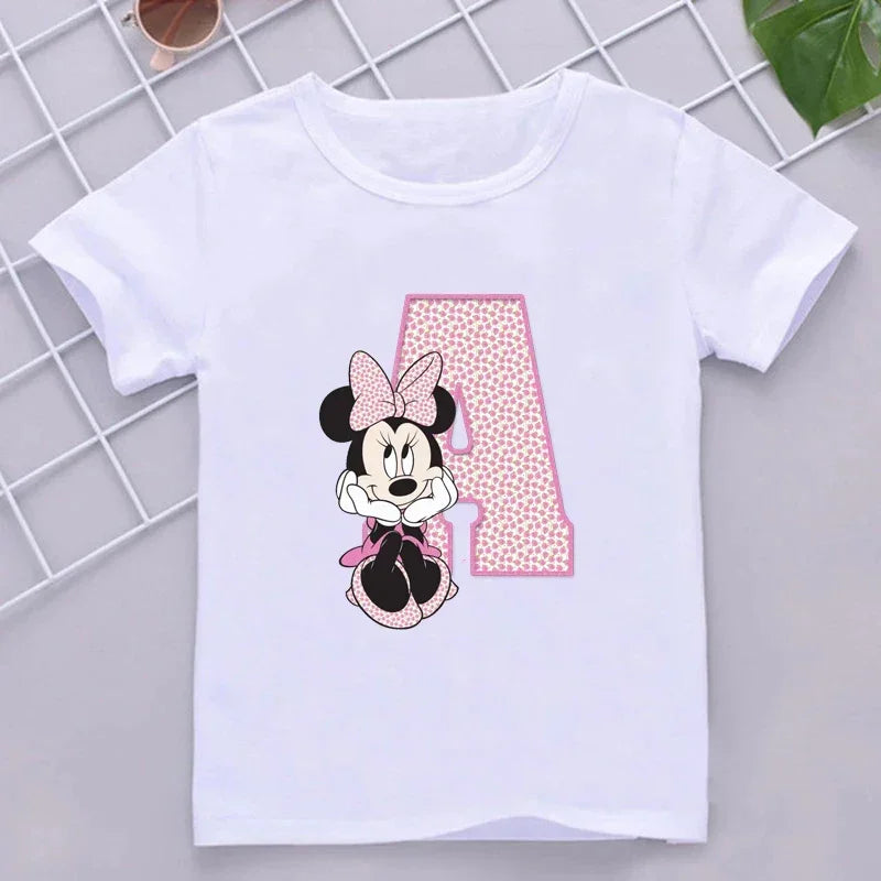 Minnie Children Cotton T-Shirts Letter A-Z Name Combination Disney Kawaii Cartoons Clothes Kids Little Boy Girl Tee Casual Tops