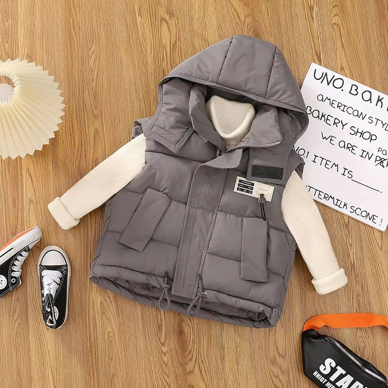 Children Hooded Down Vests Boys Girls Autumn Winter Waistcoat Kids Fashion Casual Jackets Teenager Trend Clothing Coats 4-10Y