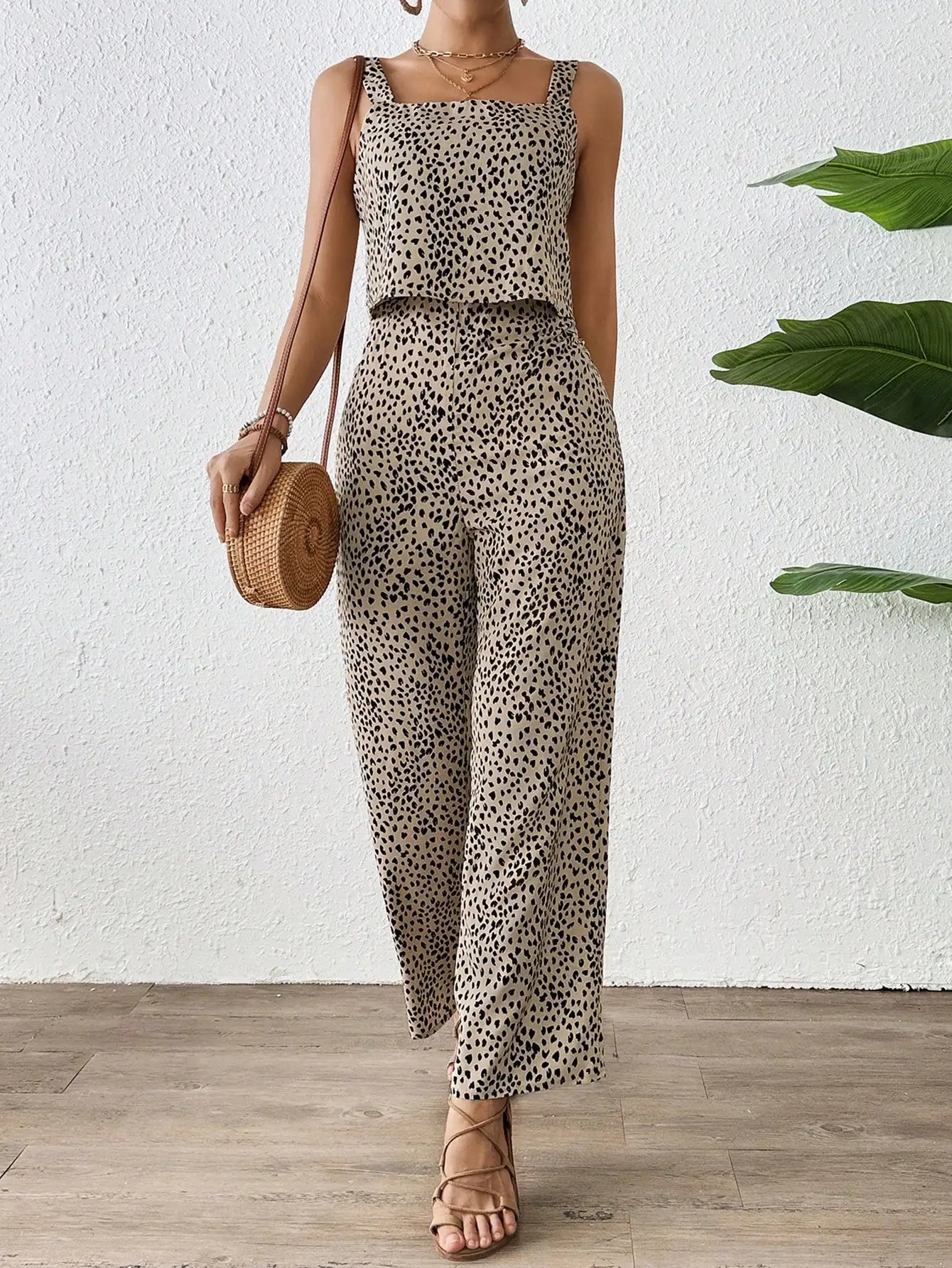 2024 New Fashion Design Women's jumpsuit double layered suspender+jumpsuit thick shoulder strap printed long casual style