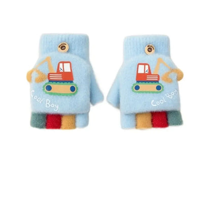 Fashion Autumn Winter Warm Gloves Cute Cartoon Exposed Finger Knitted Gloves Plush Thickened Children Mittens for Children