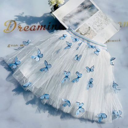 Summer Girls Mesh Skirt Pastoral Three-dimensional Butterfly New Cute Toddler Girl Tutu Skirts Korean Fashion Tulle Skirt