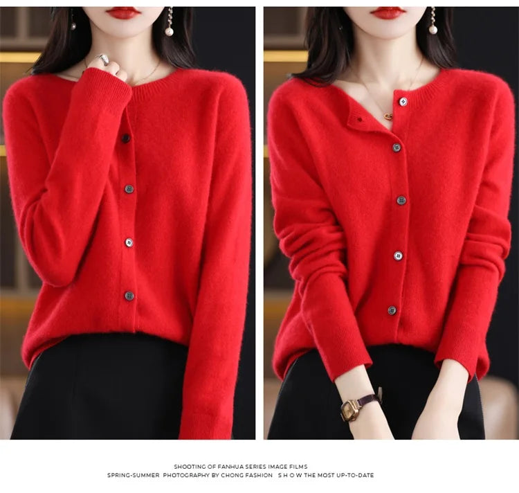 2024Spring and Autumn  New 100% pure merino cashmere sweater women's O-neck cardigan loose long-sleeved sweater top