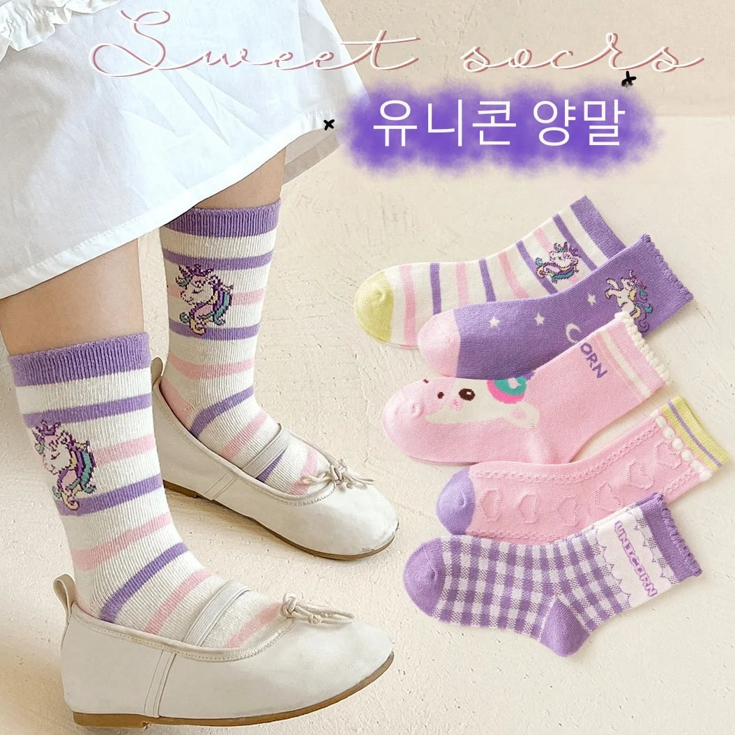 Autumn Winter Children's Socks Cute Cartoon Unicorn Pattern Cotton Socks Baby Girls 5 Pairs Mid Calf  Socks