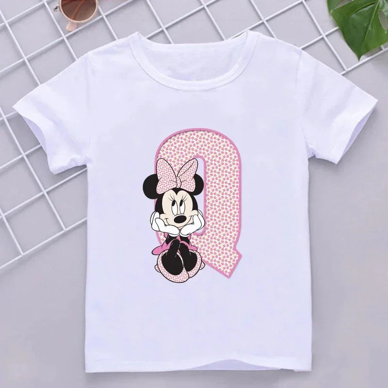 Minnie Children Cotton T-Shirts Letter A-Z Name Combination Disney Kawaii Cartoons Clothes Kids Little Boy Girl Tee Casual Tops