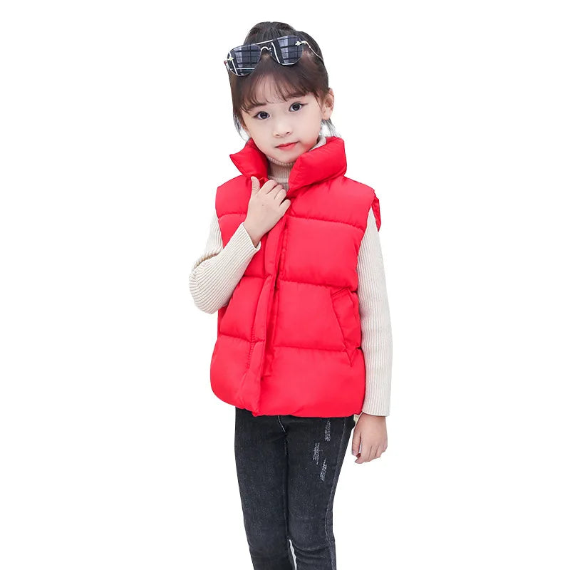 Solid Color Children Stand Collar Cotton Vests Boys Girls Autumn Winter Down Sleeveless Waistcoat Jacket Warm Outerwear 3-10Y