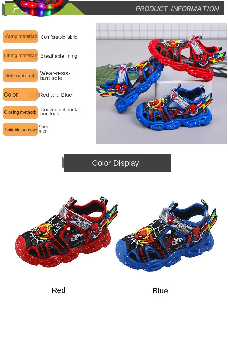 Disney LED Sport Sandals Summer Cartoon Spiderman Sandals for Boys Casual Beach Shoe Soft Sole Kids Shoes