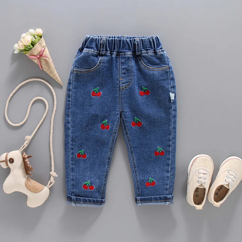 Jeans For Girls Cherry Pattern Jeans Girl Casual Style Jeans Kid Spring Autumn Children Clothes