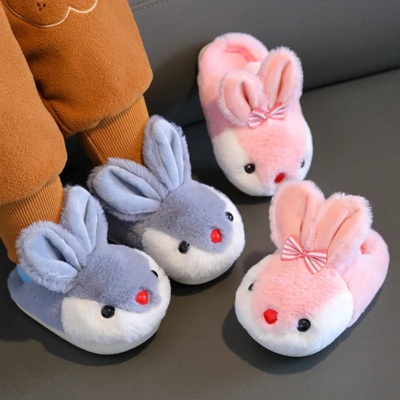 Children Winter Thick Slippers Kids Cotton-padded Shoes Baby Indoor Warm Slippers Girls Cute Cartoon Rabbit Animal Shoes Slides