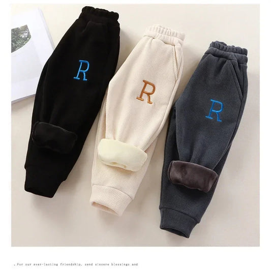 Baby Girls Boys Fleece Pant Kids Letter Pants Thicken Warm Trousers 2024 Fall Winter 1 To 10Yrs Children's Clothing Korean Style