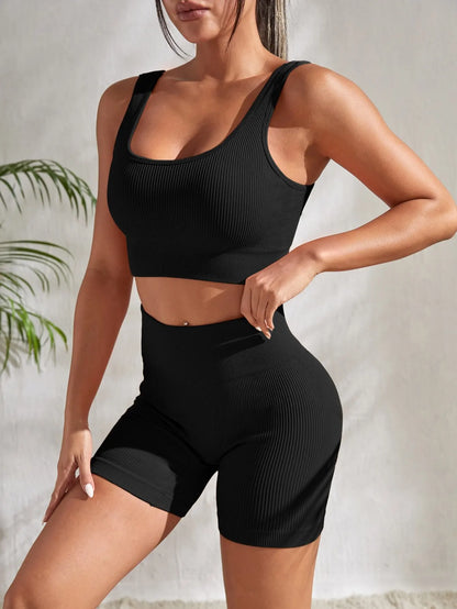 Seamless Ribbed Yoga Sets Workout Sets for Women 2 Pieces Gym Suits Ribbed Crop Tank High Waist Shorts Outfits Fitness Running