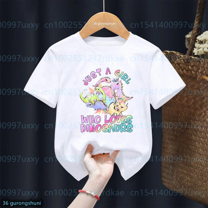 Just A Girl Who Loves Dinosaurs,Girl Dinosaur Gifts Tshirt Cute Children Tshirt Summer Fashion Girl T-Shirt White Pink Shirt Top