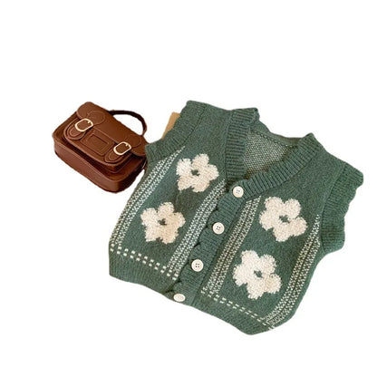 2025 Spring New Children Knitted Vest Girls Sleeveless Flower Cardigan Fashion Versatile Knitwear Kids Girls Sweater Coat