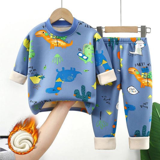 Children's warm underwear set boys girls autumn winter cartoon plush  thick pajamas set babies infants home clothing set 0-7Y