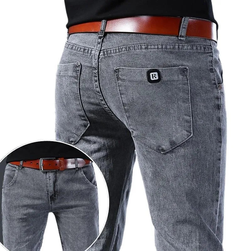 Grey Denim Jeans Male Elastic Pants Fashion Men's Long Thin High Street Small Feet Trousers