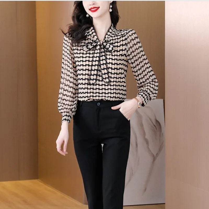 Korean Simplicity Summer New Women's V-Neck Bow Polka Dot Lacing Fashion Office Lady Long Sleeve Loose Chiffon Shirt Tops