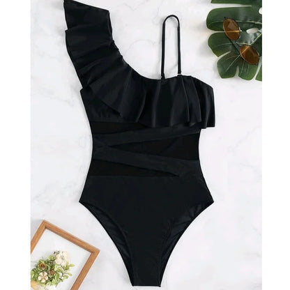 Women Sexy Bikini Slim One-shoulder Three-dimensional Ruffled Beachwear One-piece Swimsuit Push Up Bodysuit Beach Bikini