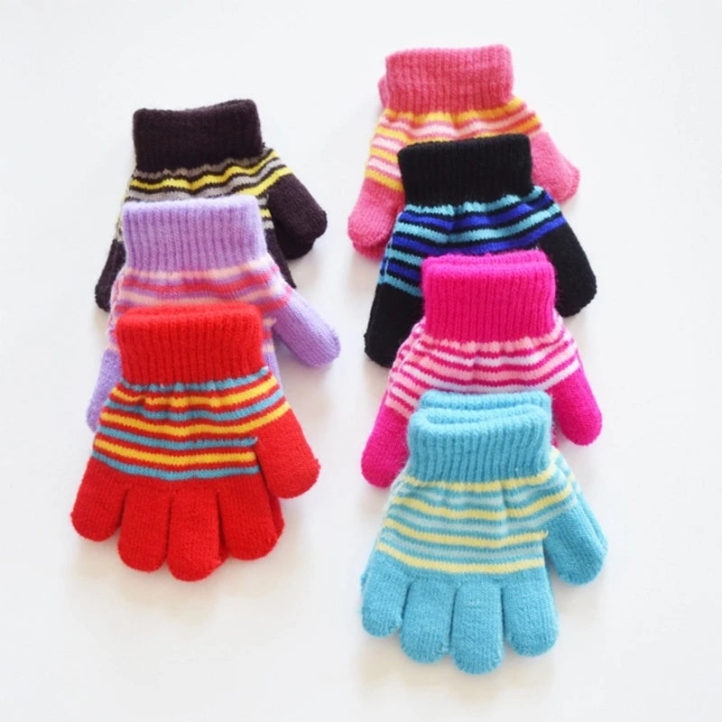 Baby Boys Girls Full Finger Gloves Winter Knitted Stripe Mitten Kids Outdoor Gloves for 1 2 3 4 5 Years Old Children Accessories