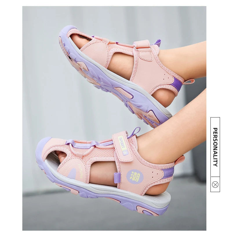 Summer Beach Water Children Sandals Fashion Shoes Outdoor Non-slip Soft Bottom Shading Leather Boys Comfortable Shoes Girls