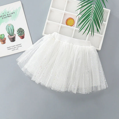 Girls 2024 Summer New Solid Color Lace Simple Vertical Stripe Printed Color White/Half Skirt