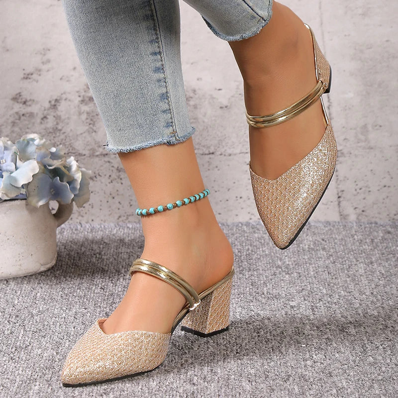 Gold Silver Bling High Heel Pumps Women Fashion Back Strap Slip-On Party Shoes Woman Pointed Toe Slingbacks Thick-Heeled Shoes