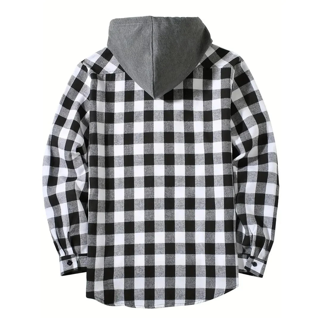 Men's Shirts Classic Plaid Casual Button Down Hooded Long Sleeved Double Pockets Shirt Hoodie Flannel Jacket Spring Autumn Tops