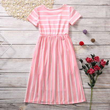 Girls Striped Long Dress Teenager Beach Party Bohemia Maxi Dresses With Pocket Casual Sundress Outfits Beachwear For Children