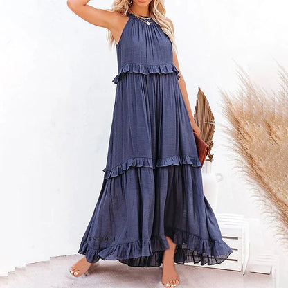 Women Casual Solid Ruffles Long Dress Summer Elegant Sleeveless Sundress Elegant Harajuku Maxi Dress Beach Party Evening Vestido