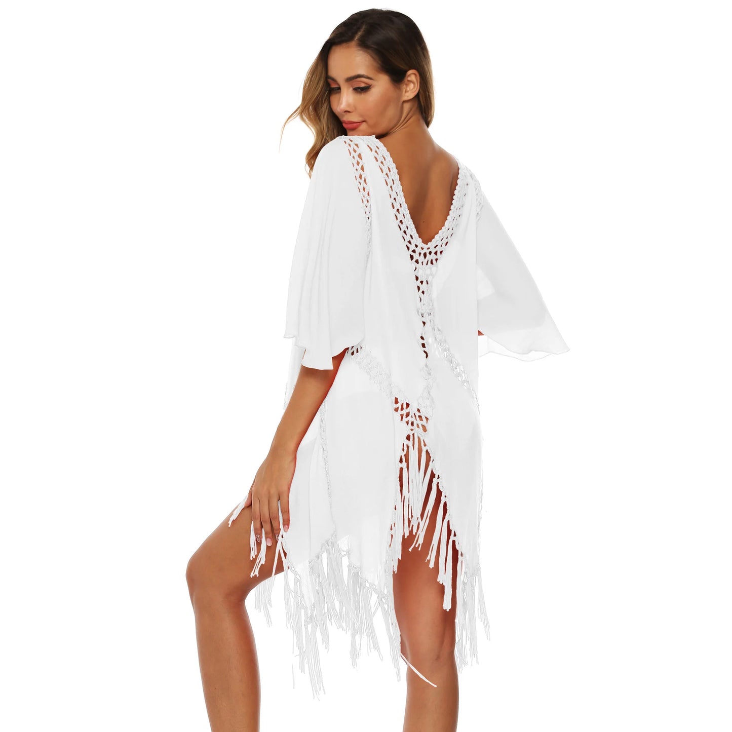 CROCHET BIKINI Backless Cover Up With Tassels Sexy V-neck Halter Beach Dress Women Summer Bathing Suit Beachwear