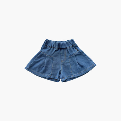 Girls' Denim Shorts New Summer 2024 Children'S Clothing  Girls' Korean Version Loose Hot Pants Pleated Simulation Skirt Shorts