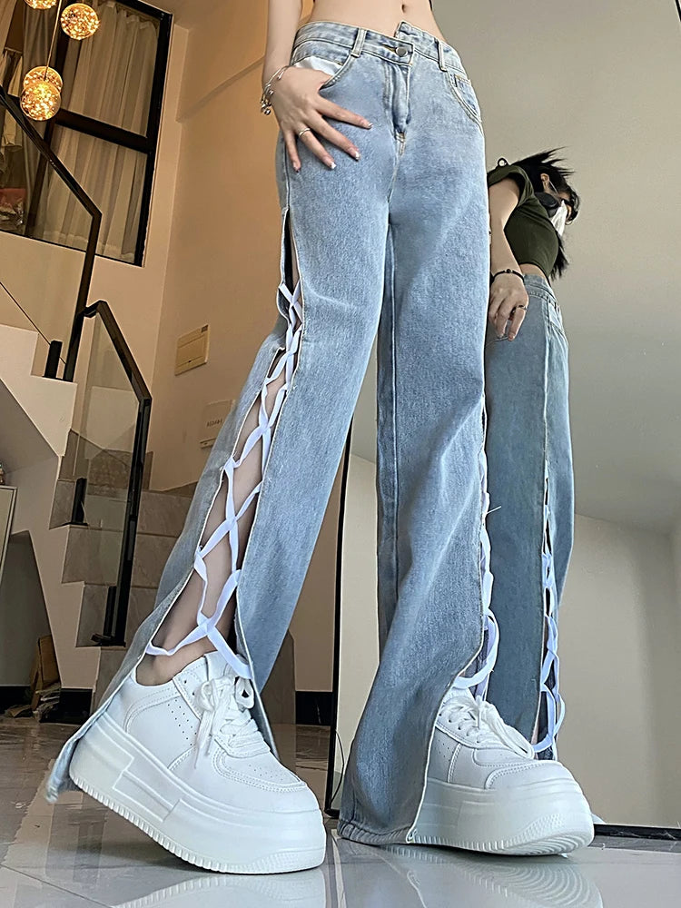 Female High Waist Wide Leg Y2K Lace Up Loose Jeans Girls Irregular Strap Punk Streetwear Denim Pants Split Micro Flared Pants