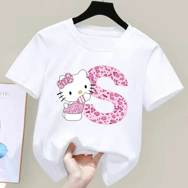 Summer Hello Kitty Letter A-Z Children Short Sleeved Cotton T-shirt Cartoon Printed Top Kid Girl Clothing Birthday Gift Baby Tee