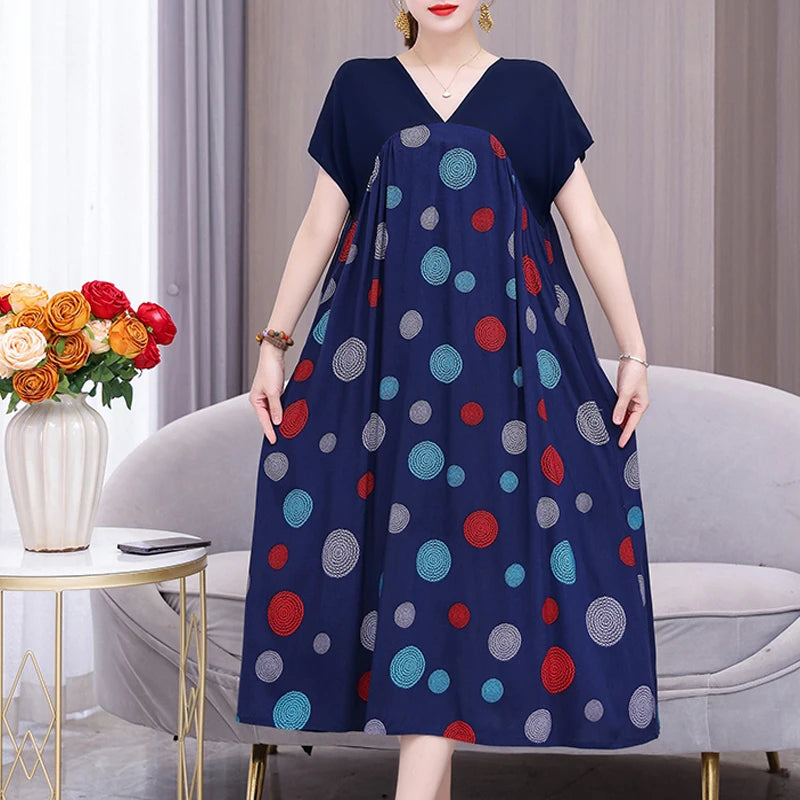 New Fashion 2024 Women Summer Dresses V-neck Casual Print Vintage Plus Size  Female Dresses