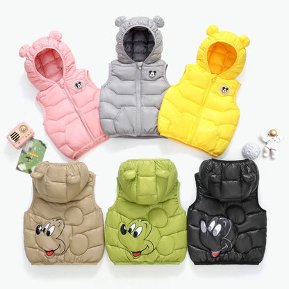 New Autumn Cartoon Mickey Mouse Boys Down Vest Winter Baby Bright Hooded Waistcoat Cotton Outerwear Kids Jacket Children Clothes