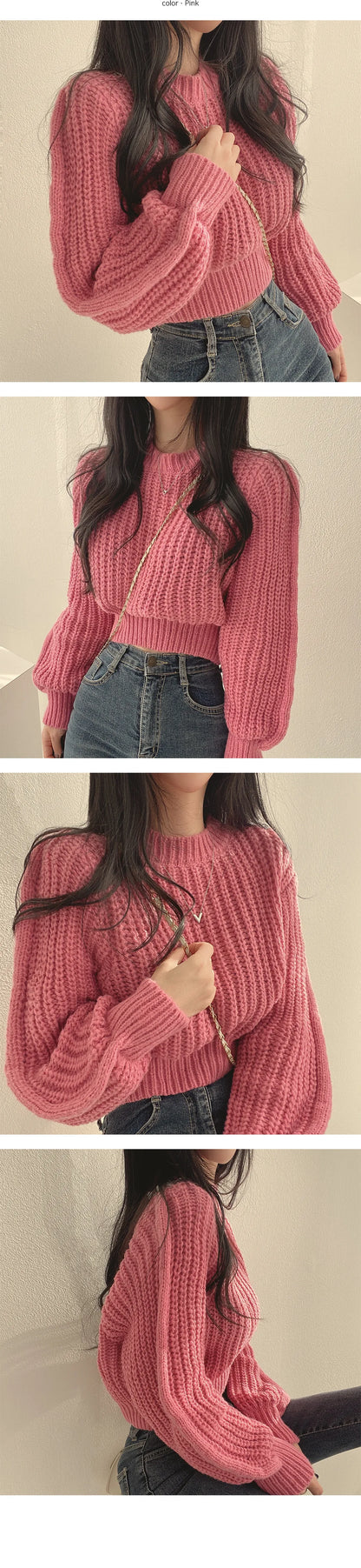 Knitted Sweater Pullovers New Design Cute Sweet Japan Girls Solid O Neck Short Crop Knit Tops 4 Colors 2023 Winter Autumn