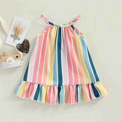 Kids Infant Baby Girls Summer Sleeveless Dress Vertical Stripe Print Ruffle Hem Casual Spaghetti Strap Dress 6M-4T