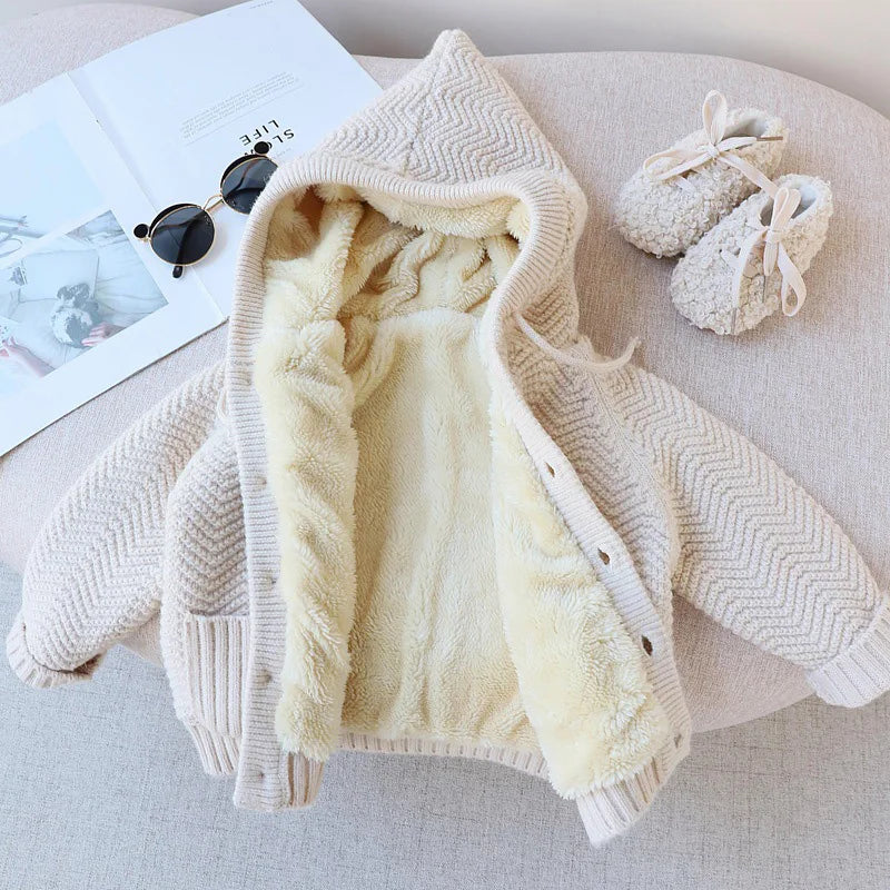 MILANCEL Winter Kids Sweaters Fur Lining Girls Cardigans Warm Boys Knitwear Chidlren Outfit