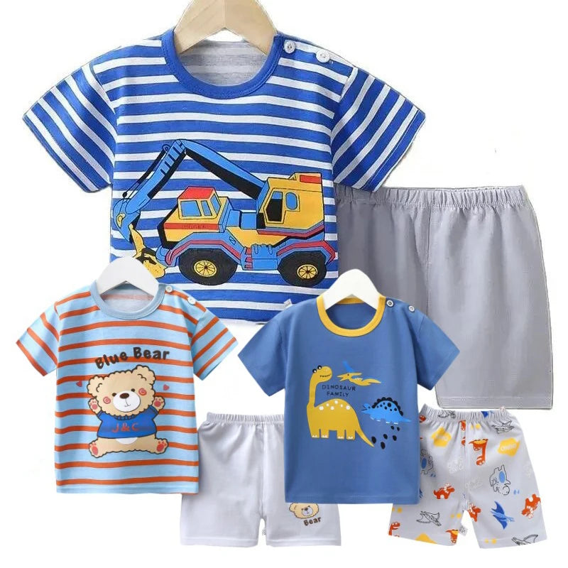 Cotton Pajama Cartoon T-Shirt + Shorts 2-Piece Clothing Set Kids Summer Baby Boy Girl Stripe Casual Tracksuit Clothes Suit 0-6 Y