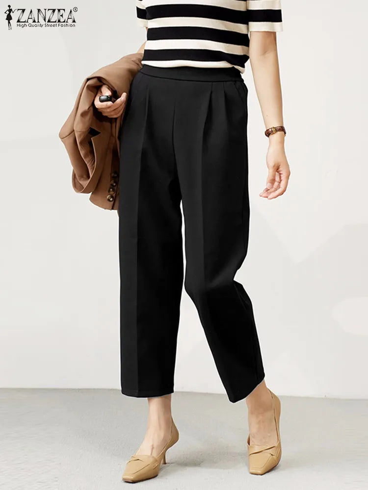 ZANZEA 2024 Summer Formal Cropped Pants Holiday Elastic Waist Trouser Office Lady Capris Women Korean Fashion Pleated Solid Pant