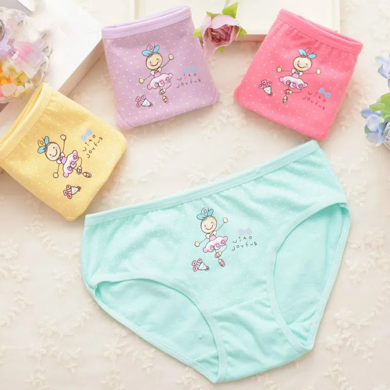 4 Pcs/Lot Kids Cotton Briefs Girls Panties Cartoon Pattern Underpants Candy Colors Triangle Girls Underwear  2-10 Years