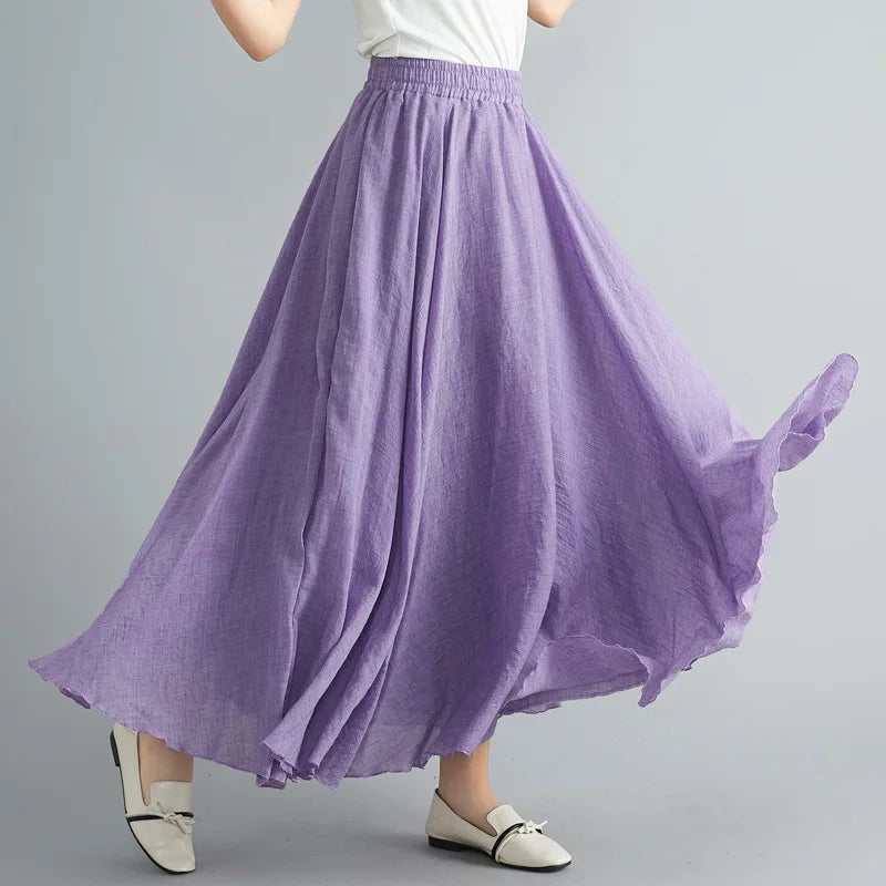 High Quality Cotton Linen Maxi Skirt Womens Casual Elastic High Waist Pleated A-Line Beach Skirts Boho Saia Feminina Faldas Jupe