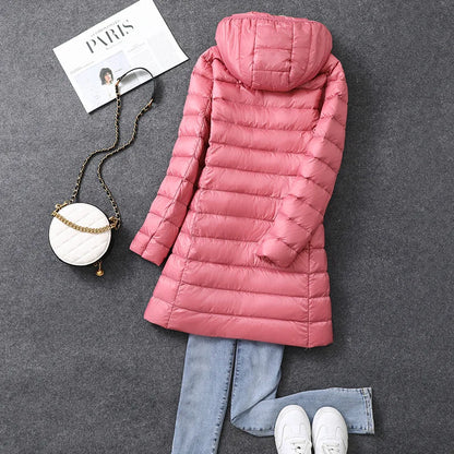 Women's X-long Office Lady Hat Detachable Puffer Jackets 2023 New Arrival Autumn Winter White Duck Down Warm Coat