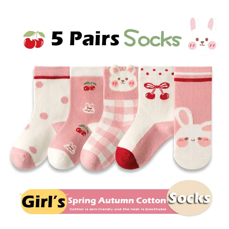 Autumn Socks Baby 5 Pairs Cartoon Bunny Pattern Socks Girls Calf Length Children Socks Solid Cotton Socks