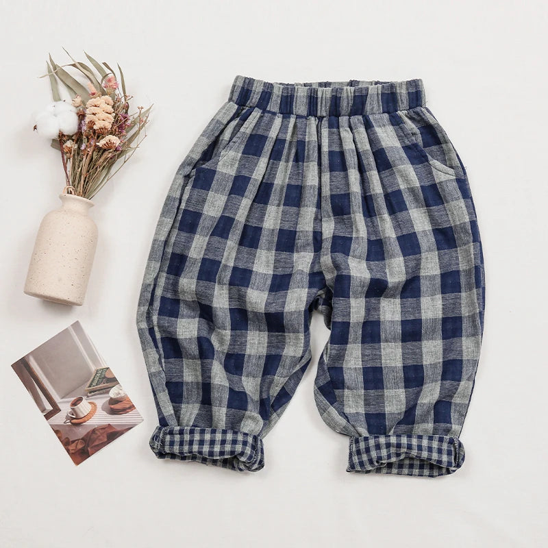 Children's Retro Blue Plaid Trousers 2024 Spring Autumn New Korean Boys And Girls Double-Layer Cotton Casual Harem Pants WTP121