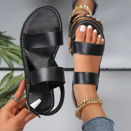 Women Flat Sandals 2023 Leather Cross Strap Rome Style High Quality Summer Ladies Shoes  Buckle Strap