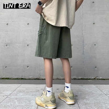 TINT ERA Y2K Mens Streetwear Breeches Star Korean Harajuku Pocket Denim Hip Hop Cargo Short Pants Grunge Bermudas Jeans Shorts