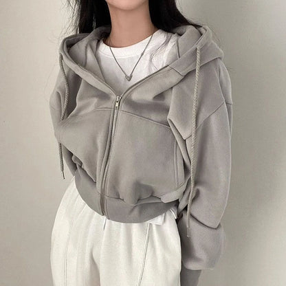 Casual Hood Sweatshirt Women Y2K Zip Up Hoodies Solid Harajuku Long Sleeve Shirt Oversized Crop Tops Female Loose Jackets Coat