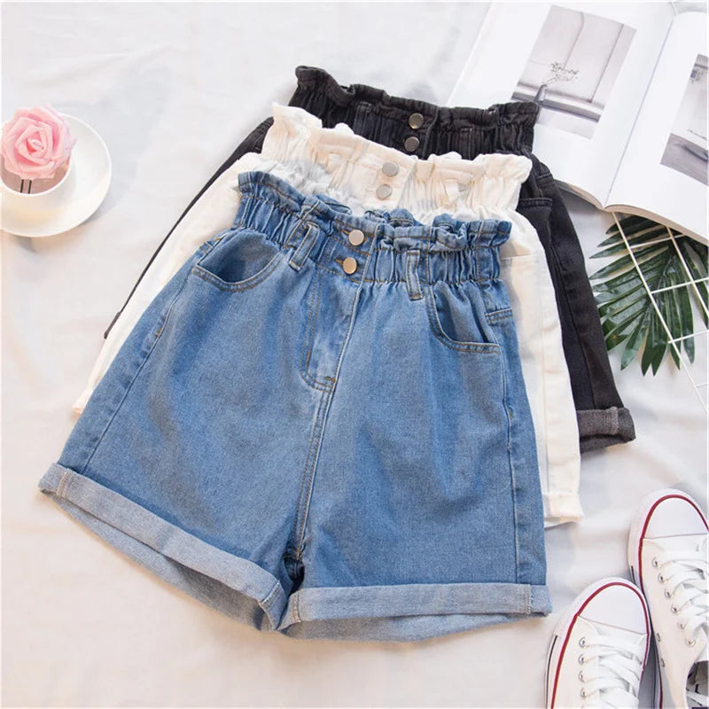 Summer Black Women's Denim Shorts Large Size Harem Ruffle White High Waisted Shorts Elastic Waist Jeans for Women