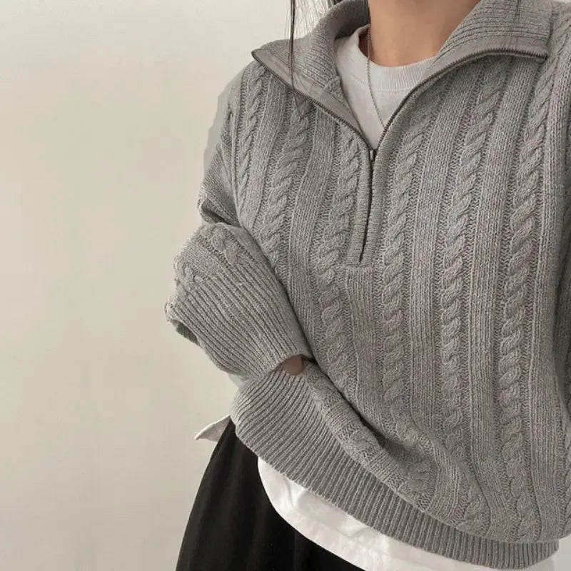 Deeptown Vintage Half Zipper Women Sweaters Korean Fashion Long Sleeve Knitted Pullover Loose Casual Thermal Knitwear Autumn